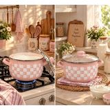 Ebruli Emaye Pembe Dama Emaye Tencere 3750 ml 22 cm Çap Süt Yoğurt Çorba Tenceresi