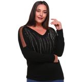 Ebsumu Kadın Büyük Beden Omzu Tül Önü Taş Detaylı Siyah Bluz