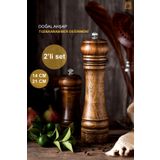 ebulduk Ahşap Baharat Tuz Öğütücü Değirmen Tuzluk Baharatlık 14 Cm ve 21 Cm 2'li Set Kahverengi