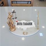 Ecay Mermer Ürünleri Doğal Beyaz Mermer Isimlik Sümen Takımı Kalem ve Terazi Metal Ay Yıldızlı