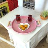 Ece Ev Modası Tepsi -Ahşap Kulplu Metal Çay Tepsisi Kahve Tepsisi 30 cm Sunum Kahvaltı Tepsisi - Pembe