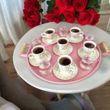 Ece Ev Modası Tepsi Ahşap Kulplu Metal Çay Tepsisi Kahve Tepsisi Sunum Kahvaltı 40 cm Tepsi - Pembe