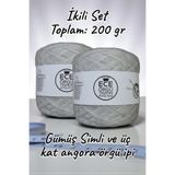 Ece Örgü Tasarım Atölyesi Lunar, 3 kat gri angora arasına, bir kat gümüş sim karışımı angora yün örgü ipi (200 gr.)