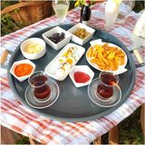 Eceaksesuar Ahşap Kulplu 48 cm Yuvarlak Metal Tepsi Kahvaltı Çay Kahve Sunum Tepsisi Antrasit 48 - Çok Renkli