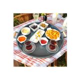 EceAksesuar Ahşap Kulplu 48 Cm Yuvarlak Metal Tepsi Kahvaltı Çay Kahve Sunum Tepsisi Antrasit 48 x 48