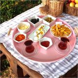 Eceaksesuar Ahşap Kulplu 50 cm Yuvarlak Metal Tepsi Kahvaltı Çay Kahve Sunum Tepsisi Pembe 48 x 4 - Çok Renkli