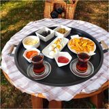 EceAksesuar Ahşap Kulplu 50 Cm Yuvarlak Metal Tepsi Kahvaltı Çay Kahve Sunum Tepsisi Siyah 48 x 48