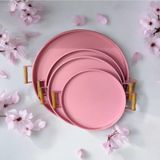 EceAksesuar Ahşap Kulplu Metal Tepsi Çay Tepsisi 4'lü (50, 40, 37, 30 CM) Kahve Tepsisi Sunum Tepsi Seti Açık Pembe 50 x 30