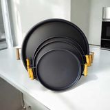 EceAksesuar Ahşap Kulplu Metal Tepsi Çay Tepsisi 4'lü (50, 40, 37, 30 CM) Kahve Tepsisi Sunum Tepsi Seti Siyah 50 x 30