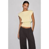 ecemore Bele Oturan Kayık Yaka Tereyağ Sarı Esnek Crop Top Bluz