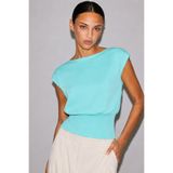 ecemore Bele Oturan Kayık Yaka Turkuaz Esnek Crop Top Bluz