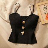 Eces Design Altın Düğme Detaylı Şık Fitilli Askılı Kadın Crop Bluz W1009 - Siyah - Standart