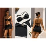 Ece's Design Deniz Yıldızı Detaylı Siyah Bikini Takımı MY1004 | Bandeau Üst, Thong Alt, Pareo Etek Dahil, 3'lü Takım, Halter Bağcık