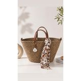 ECEVİA Hasır Görünümlü Kadın El & Omuz Çantası İç Astarlı Büzgülü Model ( Fular Hediyeli) 35*21 cm