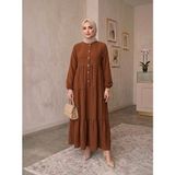 Eceylül Moda %100 Pamuk Önü Düğmeli Siyah Salaş Bol Kesim Kat Kat Uzun Tesettür Elbise - 40 - 42 - Kahverengi