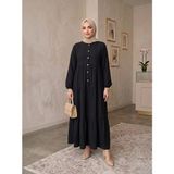 Eceylül Moda %100 Pamuk Önü Düğmeli Siyah Salaş Bol Kesim Kat Kat Uzun Tesettür Elbise - 40 - 42