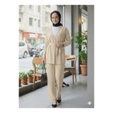 ECEYLÜL MODA Tesettür İkili Takım Beli Bağlamalı Kimona Ve Bol Paça Pantolon Bej Günlük Şık İkili Takım