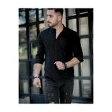 ECK MODA Erkek Siyah Hakim Yaka Keten Slim Fit Gömlek