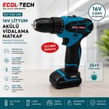 Ecol-Tech ELT-CDS-24S 16V Akülü Vidalama Matkap | 2 Adet 2.0AH Li-Ion Akü | 25+1 Tork Ayarı | LED Aydınlatma | 24 Parça Aksesuar Seti | Taşıma Çantalı