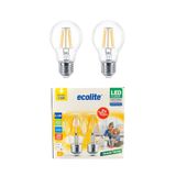 Ecolite 6,5W LED Filament Ampul E27 | 60W Eşdeğer | 2700K Sarı Işık | 810 Lümen | 2’li Paket | Enerji Sınıfı E