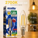 Ecolite Filament LED Mum Ampul E14 Duy 6W 810 Lümen Dim Edilebilir 2700K Sarı Işık Şeffaf Dekoratif Vintage Ampul 60W Eşdeğer C35 Candle Series (1) - Altın