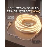 Econa 10 Metre 220V Neon LED Şerit Günışığı (3000K) - Tak Çalıştır Set - Fişli Trafo Gerektirmez Esnek LED - Gün Işığı