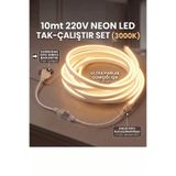 ECONA 10 Metre 220V Neon LED Şerit Günışığı (3000K) - Tak Çalıştır Set - Fişli Trafo Gerektirmez Esnek LED