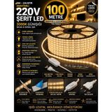 Econa 100 Metre 220V Tak Çalıştır Anahtarlı Şerit LED - Metrede 240 LED Ultra Parlak, Kendinden Yapışkanlı, 10 Cmde Bir Kesilebilir, 3000K Günışığı (Yüksek Lümen & IP65 Dış Mekan) - 1 m