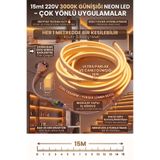 ECONA 15 Metre GÜNIŞIĞI-3000K 220V Neon LED Şerit ,Tak Çalıştır Set, Fişli Esnek Şerit LED, Led,Mutfak,Tezgah Ledi, Neon LED Şerit Işık ,Ambiyans Işık Havuzu, Balkon, Teras ve Ev İçin Dekoratif LED