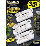 Econa 3 Adet-3 Soketli Topraklı Grup Priz 5 Metre Kablolu - 3 Adet Çoklu Priz Seti (3x1 Mm² Esnek Yumuşak Ttr Kablo) Beyaz Çoklu Priz Uzatma Kablosu - YOK