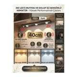 ECONA 40 cm Sensörlü LED Mutfak ve Dolap İçi Aydınlatma,Kabin lambası ,Kabin ledi – 3 Renk Modlu, USB Şarjlı, Kolay Montaj Kablosuz Şerit Armatür (Siyah),Sensörlü Lamba