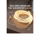 ECONA 5 Metre 220V Neon LED Şerit Günışığı (3000K) - Tak Çalıştır Set - Fişli Trafo Gerektirmez Esnek LED