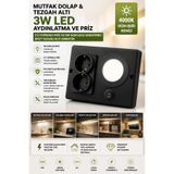 ECONA Dolap Tezgah Altı 2'li Priz Ve 3 Watt Anahtarlı Led Spot Aydınlatma (SİYAH KASA) Işık Ve Akıllı Priz,Bango Aydınlatması,Mutfak Prizi