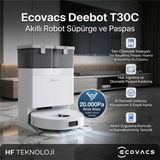 Ecovacs Deebot T30C Omni Istasyonlu 20000PA, Sıcak Suda Yıkama 75°c, Ozmo Turbo 2.0 Paspas, , Uyarlanabilir Islak Temizlemli Robot Süpürge,eli - Beyaz