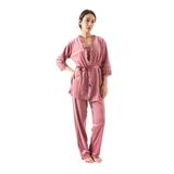 Ecrou Kadife 3’lü Pijama Takımı Sabahlık-Pantolon-Atlet | Dantel Mesh Detaylı | İp Askılı Truvakar Kol Sabahlık | V Yaka | Regular Fit