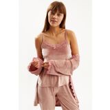 Ecrou Kadın Pudra Soft Kadife Truvakar Kol İp Askılı Pantolon 3 Lü Pijama Takım