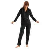 Ecrou Yeşil Bordo Ekose Süet Düğmeli Bebe Yaka Pijama Takımı – Uzun Kollu Düğmeli Üst ve Uzun Alt, Yumuşak Polyester Kumaş, Ev Giyimi & Uyku Takımı