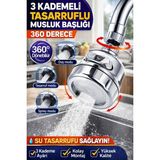 Ecuy 3 Kademeli Musluk Başlığı 360° Döner Tasarruflu Perlatör Su Tasarruf Aparatı Krom Uyumlu - Gri
