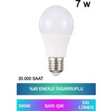 Ecuy Sarı Işık Led Ampul 7w %85 Enerji Tasarruflu E27 Duy Led Ampul 220° Açılı 30.000 Saat Kullanım