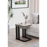 ED Efelez Design Zigon Sehpa , Lyon 3'lü C Zigon Sehpa Takımı , Siyah Metal - Traverten Tabla