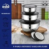 Eda 9 Parça Rendeli Karıştırma ve Saklama Kabı Seti 18/10 Çelik 16-24 cm Mikrodalga Uyumlu - 3 lü