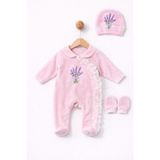 Eda Baby Kadife Önden Çıtçıtlı Tulum - Pembe - 0- 3 Ay