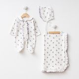 Eda Baby Sevimli Fırfırlı Lavanta Desenli Kendinden Eldivenli 0-3 Ay Bebek Tulum ve Battaniye Seti - 0 - 3 Ay - Beyaz - Mor