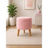 Eda Hacıoğlu Edam Bedding Group Teddy Oval Ahşap Retro Ayaklı Dekoratif Sandıklı Puf - Pembe