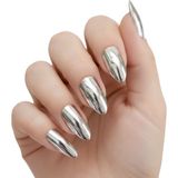 Eda Luxury Beauty 24'lü Koyu Gümüş Metalik Takma Tırnak Seti Lüks 3D Kristal Taşlı Ayna Efektli Uzun Oval Badem Stiletto Yapıştırıcılı False Nails Set
