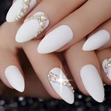 Eda Luxury Beauty Beyaz Mat Takma Tırnak Lüks Parlak 3D Kristal Taşlı Desenli Uzun Oval Stiletto Nail Art Set