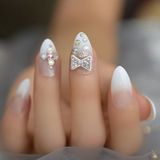 Eda Luxury Beauty Beyaz Simli Ombre French Takma Tırnak Lüks Kristal Taşlı Desenli Uzun Oval Stiletto Nail Art Set