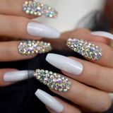 Eda Luxury Beauty Beyaz Takma Tırnak Lüks Parlak Kristal Taşlı Desenli Extra Uzun Kare Köşeli Ballerina Nail Art Set