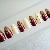 Eda Luxury Beauty Bordo Beyaz Altın Simli French Takma Tırnak Lüks Parlak Desenli Uzun Oval Stiletto Nail Art Set