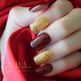 Eda Luxury Beauty Bordo Simli Altın Takma Tırnak Lüks Parlak Desenli Orta Boy Medium Kare Ballerina Nail Art Set
